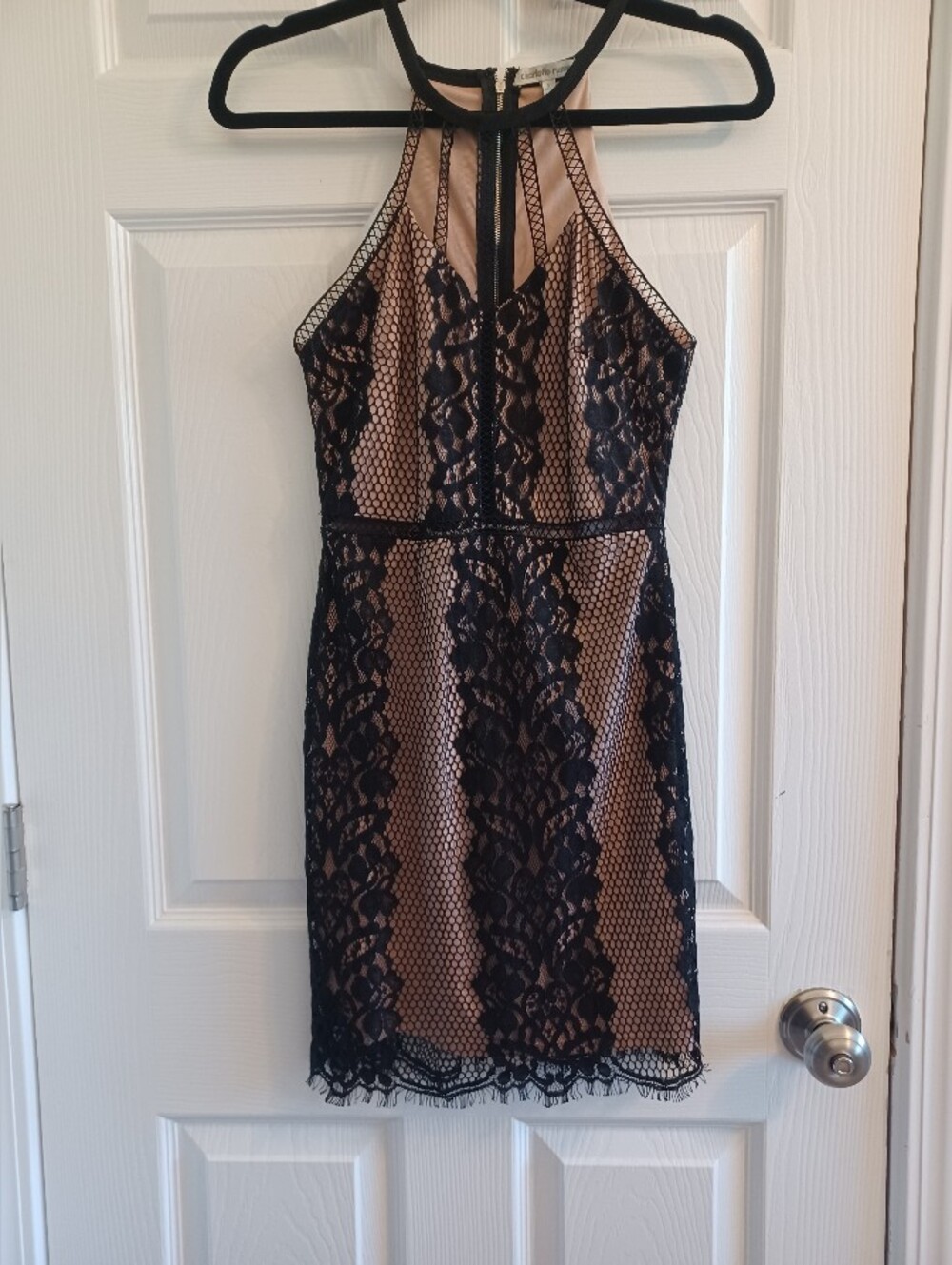 Charlotte Russe Black Lace Halter Sleeveless Mini Dress Nude Lining DarkRomantic